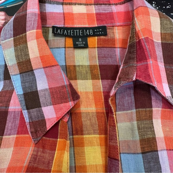 Lafayette 148 New York Plaid Button Front Buckle Accent Shirt - Picture 7 of 9